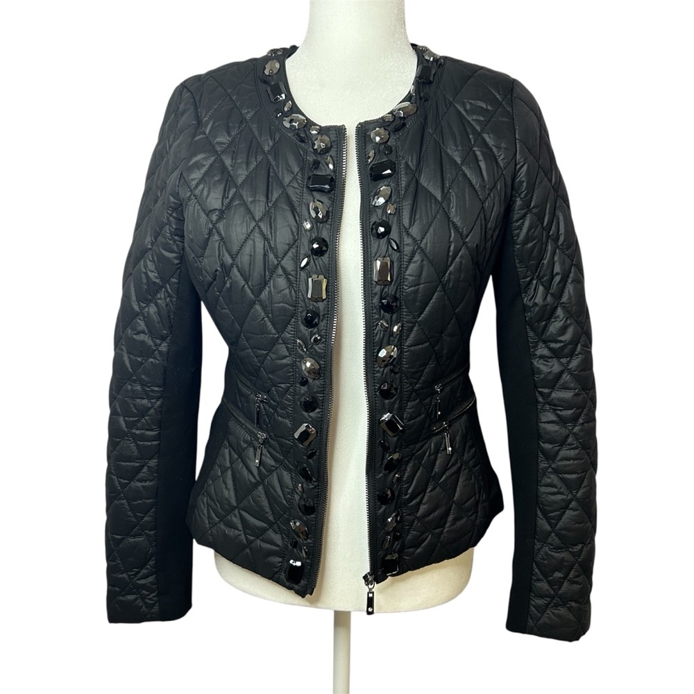 WHBM Jeweled Quilted Black Jacket Size Small White House Black Market Zip Up